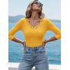 image:imageLUXVEER 34 Length Sleeve Womens Tops Lace Sexy V Neck Ribbed Knit Fitted T Shirts Dressy Casual Blouses Going Out TopsYellow