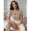 image:imageLUXVEER Women Short Sleeve Lace V Neck Shirts Ribbed Knit Fitted Basic Tee Tops Business Dressy Casual Summer Blouses TShirtBeige