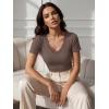 image:imageLUXVEER Women Short Sleeve Lace V Neck Shirts Ribbed Knit Fitted Basic Tee Tops Business Dressy Casual Summer Blouses TShirtBrown