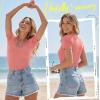 image:imageLUXVEER Women Short Sleeve Lace V Neck Shirts Ribbed Knit Fitted Basic Tee Tops Business Dressy Casual Summer Blouses TShirtCoral