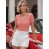 image:imageLUXVEER Women Short Sleeve Lace V Neck Shirts Ribbed Knit Fitted Basic Tee Tops Business Dressy Casual Summer Blouses TShirtCoral