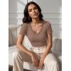 image:imageLUXVEER Women Short Sleeve Lace V Neck Shirts Ribbed Knit Fitted Basic Tee Tops Business Dressy Casual Summer Blouses TShirtLight Brown