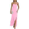 image:imageKaximil Womens Sexy Spaghetti Strap Maxi Dresses Ruched Bodycon Ruffle Mermaid Cocktail Wedding Guest Dress 2026Pink