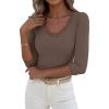 image:imageLUXVEER 34 Length Sleeve Womens Tops Lace Sexy V Neck Ribbed Knit Fitted T Shirts Dressy Casual Blouses Going Out TopsBrown