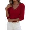image:imageLUXVEER 34 Length Sleeve Womens Tops Lace Sexy V Neck Ribbed Knit Fitted T Shirts Dressy Casual Blouses Going Out TopsRed