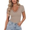image:imageLUXVEER Women Short Sleeve Lace V Neck Shirts Ribbed Knit Fitted Basic Tee Tops Business Dressy Casual Summer Blouses TShirtBeige