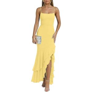 image:imageKaximil Womens Sexy Spaghetti Strap Maxi Dresses Ruched Bodycon Ruffle Mermaid Cocktail Wedding Guest Dress 2026Yellow
