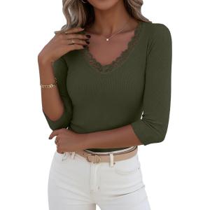 image:imageLUXVEER 34 Length Sleeve Womens Tops Lace Sexy V Neck Ribbed Knit Fitted T Shirts Dressy Casual Blouses Going Out TopsArmy Green
