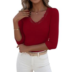 image:imageLUXVEER 34 Length Sleeve Womens Tops Lace Sexy V Neck Ribbed Knit Fitted T Shirts Dressy Casual Blouses Going Out TopsRed
