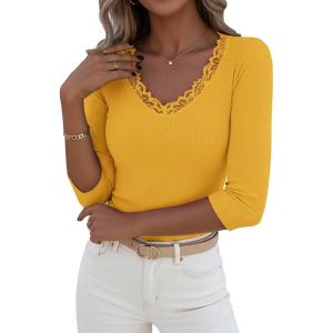 image:imageLUXVEER 34 Length Sleeve Womens Tops Lace Sexy V Neck Ribbed Knit Fitted T Shirts Dressy Casual Blouses Going Out TopsYellow