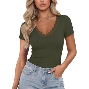 image:imageLUXVEER Women Short Sleeve Lace V Neck Shirts Ribbed Knit Fitted Basic Tee Tops Business Dressy Casual Summer Blouses TShirtArmy Green