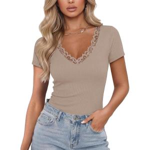 image:imageLUXVEER Women Short Sleeve Lace V Neck Shirts Ribbed Knit Fitted Basic Tee Tops Business Dressy Casual Summer Blouses TShirtBeige