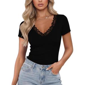image:imageLUXVEER Women Short Sleeve Lace V Neck Shirts Ribbed Knit Fitted Basic Tee Tops Business Dressy Casual Summer Blouses TShirtBlack