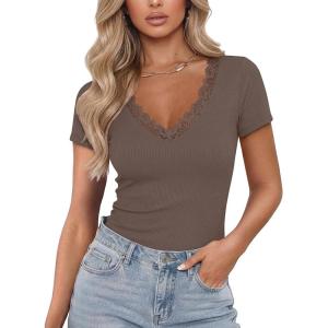 image:imageLUXVEER Women Short Sleeve Lace V Neck Shirts Ribbed Knit Fitted Basic Tee Tops Business Dressy Casual Summer Blouses TShirtBrown
