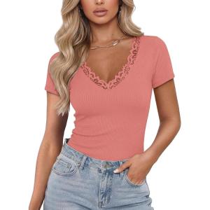 image:imageLUXVEER Women Short Sleeve Lace V Neck Shirts Ribbed Knit Fitted Basic Tee Tops Business Dressy Casual Summer Blouses TShirtCoral