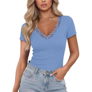 image:imageLUXVEER Women Short Sleeve Lace V Neck Shirts Ribbed Knit Fitted Basic Tee Tops Business Dressy Casual Summer Blouses TShirtLight Blue