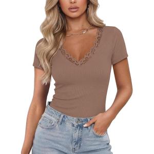 image:imageLUXVEER Women Short Sleeve Lace V Neck Shirts Ribbed Knit Fitted Basic Tee Tops Business Dressy Casual Summer Blouses TShirtLight Brown