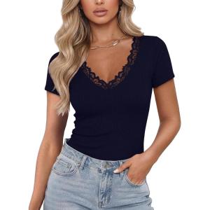 image:imageLUXVEER Women Short Sleeve Lace V Neck Shirts Ribbed Knit Fitted Basic Tee Tops Business Dressy Casual Summer Blouses TShirtNavy Blue