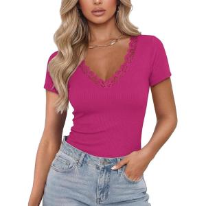 image:imageLUXVEER Women Short Sleeve Lace V Neck Shirts Ribbed Knit Fitted Basic Tee Tops Business Dressy Casual Summer Blouses TShirtRose Pink