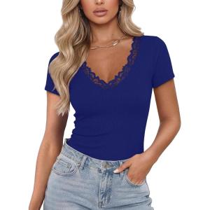 image:imageLUXVEER Women Short Sleeve Lace V Neck Shirts Ribbed Knit Fitted Basic Tee Tops Business Dressy Casual Summer Blouses TShirtRoyal Blue