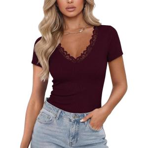image:imageLUXVEER Women Short Sleeve Lace V Neck Shirts Ribbed Knit Fitted Basic Tee Tops Business Dressy Casual Summer Blouses TShirtWine Red