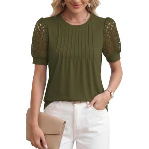 image:imageLUXVEER Womens Dressy Casual Blouses Puff Short Sleeve Lace Pleated Tops Business Work Shirts 2026 Trendy Summer T ShirtArmy Green