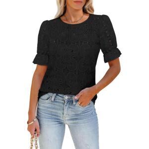 image:imageLUXVEER Womens Eyelet Tops Puff Short Sleeve Blouses Dressy Casual Cute Hollow Out Crochet Lace Embroidered Summer ShirtsBlack