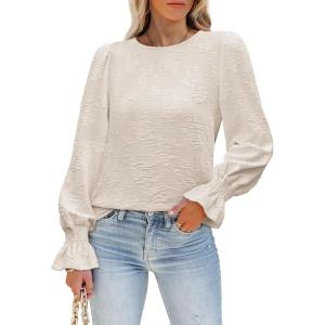 image:imageLUXVEER Womens Long Sleeve Textured Lace Floral Shirts Dressy Casual Blouses 2026 Trendy Fall Work TopsBeige