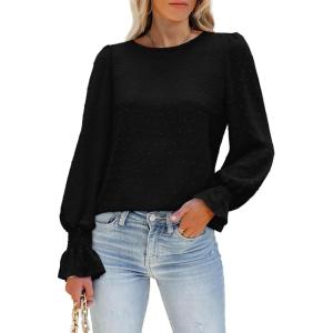 image:imageLUXVEER Womens Long Sleeve Textured Lace Floral Shirts Dressy Casual Blouses 2026 Trendy Fall Work TopsBlack