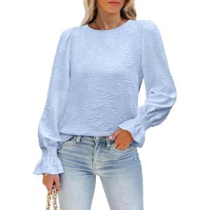 image:imageLUXVEER Womens Long Sleeve Textured Lace Floral Shirts Dressy Casual Blouses 2026 Trendy Fall Work TopsLight Blue