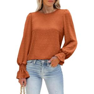 image:imageLUXVEER Womens Long Sleeve Textured Lace Floral Shirts Dressy Casual Blouses 2026 Trendy Fall Work TopsRust