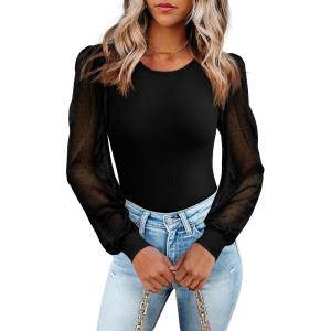 image:imageLUXVEER Womens Mesh Long Sleeve Shirts 2025 Fall Ribbed Knit Fitted Tops Business Dressy Casual Work BlousesBlack Polka Dot