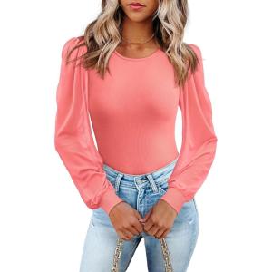 image:imageLUXVEER Womens Mesh Long Sleeve Shirts 2025 Fall Ribbed Knit Fitted Tops Business Dressy Casual Work BlousesCoral