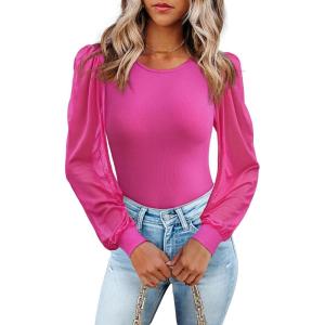 image:imageLUXVEER Womens Mesh Long Sleeve Shirts 2025 Fall Ribbed Knit Fitted Tops Business Dressy Casual Work BlousesRose Pink