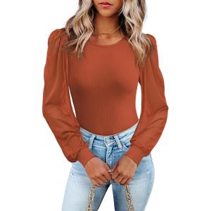 image:imageLUXVEER Womens Mesh Long Sleeve Shirts 2025 Fall Ribbed Knit Fitted Tops Business Dressy Casual Work BlousesRust