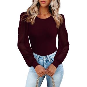 image:imageLUXVEER Womens Mesh Long Sleeve Shirts 2025 Fall Ribbed Knit Fitted Tops Business Dressy Casual Work BlousesWine Red