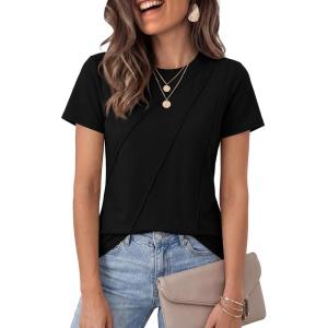 image:imageLUXVEER Womens Short Sleeve Tops Pleated Crewneck Loose Fit T Shirt Business Casual Dressy Work Shirts 2026 Summer BlousesBlack