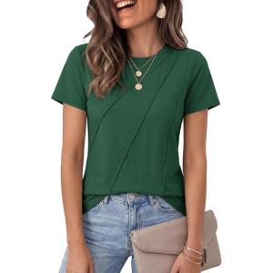 image:imageLUXVEER Womens Short Sleeve Tops Pleated Crewneck Loose Fit T Shirt Business Casual Dressy Work Shirts 2026 Summer BlousesGreen