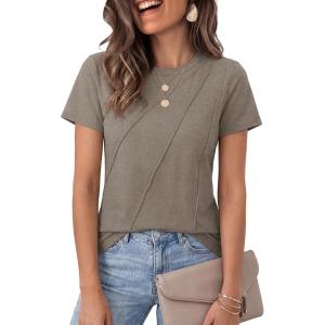 image:imageLUXVEER Womens Short Sleeve Tops Pleated Crewneck Loose Fit T Shirt Business Casual Dressy Work Shirts 2026 Summer BlousesGrey