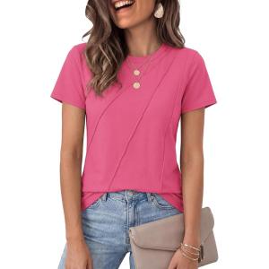 image:imageLUXVEER Womens Short Sleeve Tops Pleated Crewneck Loose Fit T Shirt Business Casual Dressy Work Shirts 2026 Summer BlousesHot Pink