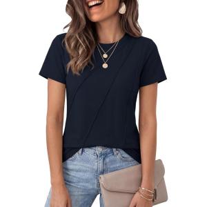 image:imageLUXVEER Womens Short Sleeve Tops Pleated Crewneck Loose Fit T Shirt Business Casual Dressy Work Shirts 2026 Summer BlousesNavy