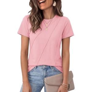 image:imageLUXVEER Womens Short Sleeve Tops Pleated Crewneck Loose Fit T Shirt Business Casual Dressy Work Shirts 2026 Summer BlousesPink