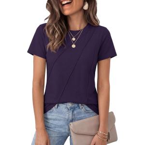 image:imageLUXVEER Womens Short Sleeve Tops Pleated Crewneck Loose Fit T Shirt Business Casual Dressy Work Shirts 2026 Summer BlousesPurple