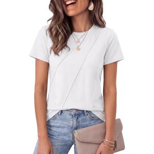 image:imageLUXVEER Womens Short Sleeve Tops Pleated Crewneck Loose Fit T Shirt Business Casual Dressy Work Shirts 2026 Summer BlousesWhite
