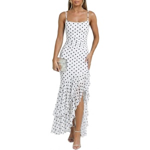 image:imageKaximil Womens Sexy Spaghetti Strap Maxi Dresses Ruched Bodycon Ruffle Mermaid Cocktail Wedding Guest Dress 2026Dot White