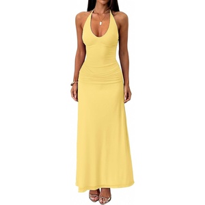 image:imageKaximil Womens Sexy V Neck Halter Maxi Dresses Bodycon Cocktail Wedding Guest Long DressYellow