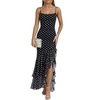 image:imageKaximil Womens Sexy Spaghetti Strap Maxi Dresses Ruched Bodycon Ruffle Mermaid Cocktail Wedding Guest Dress 2026Dot Black