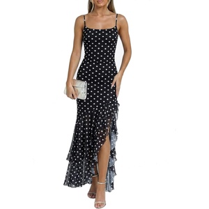 image:imageKaximil Womens Sexy Spaghetti Strap Maxi Dresses Ruched Bodycon Ruffle Mermaid Cocktail Wedding Guest Dress 2026Dot Black