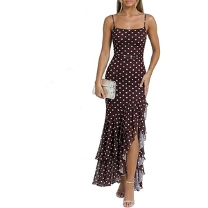 image:imageKaximil Womens Sexy Spaghetti Strap Maxi Dresses Ruched Bodycon Ruffle Mermaid Cocktail Wedding Guest Dress 2026Dot Brown