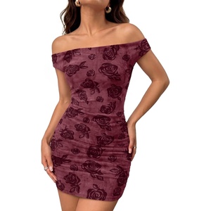 image:imageTrendy Queen Womens Off The Shoulder Floral Mini Dress Summer Party Bodycon Ruched Short DressesRed